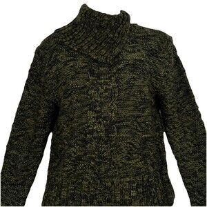 Kenzie Chunky Cable Knit Turtleneck Sweater M Green Black Marled Wool Alpaca